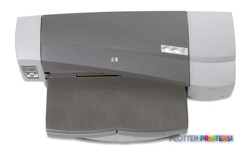 HP Designjet 111 24-tumsskrivare med fack large format printer product image showing front view with open paper tray