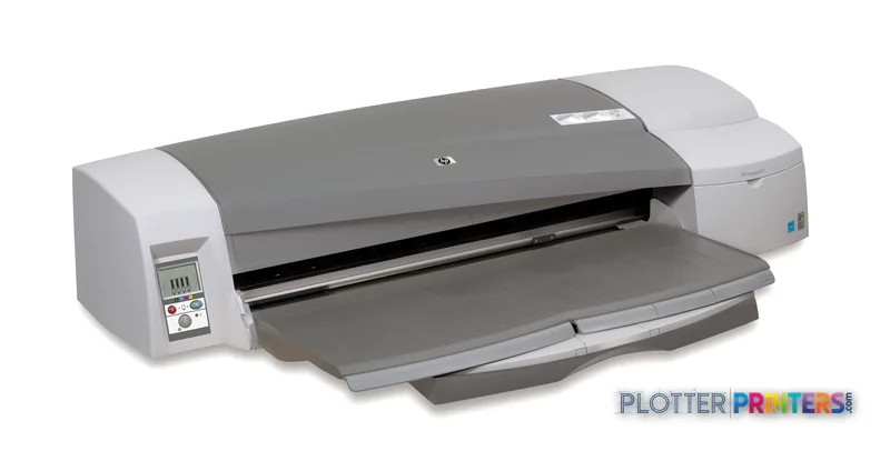 HP Designjet 111 24-tumsskrivare med fack large format printer product image showing front view with open output tray