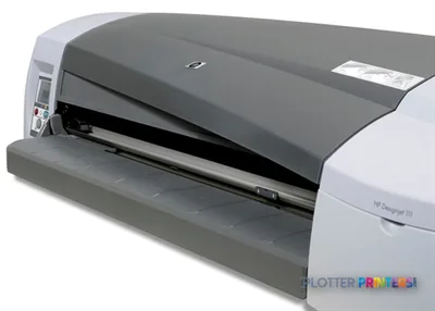 HP Designjet 111 large format printer product image showing front view with open hood and feed tray