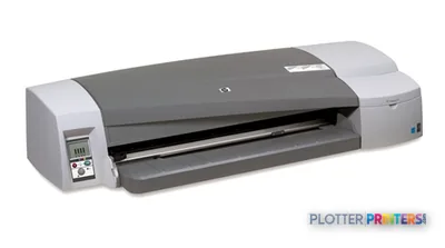 HP Designjet 111 large format printer product image showing front view with white side panels and dark gray top cover
