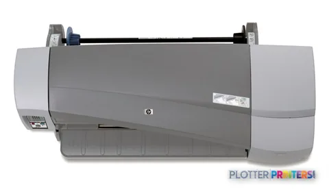HP Designjet 111 large format printer product image showing front view with roll feed mechanism and control panel