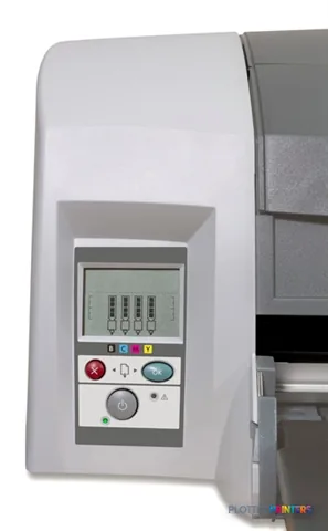HP Designjet 111 large format printer product image showing control panel with LCD display and buttons