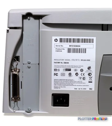 HP Designjet 111 large format printer rear view showing cable connections and regulatory information label