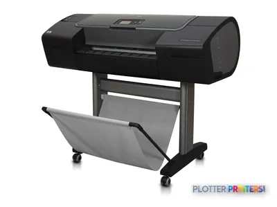 HP Designjet Z2100 24-in Photo Printer large format printer product image showing black printer unit on stand with output tr…