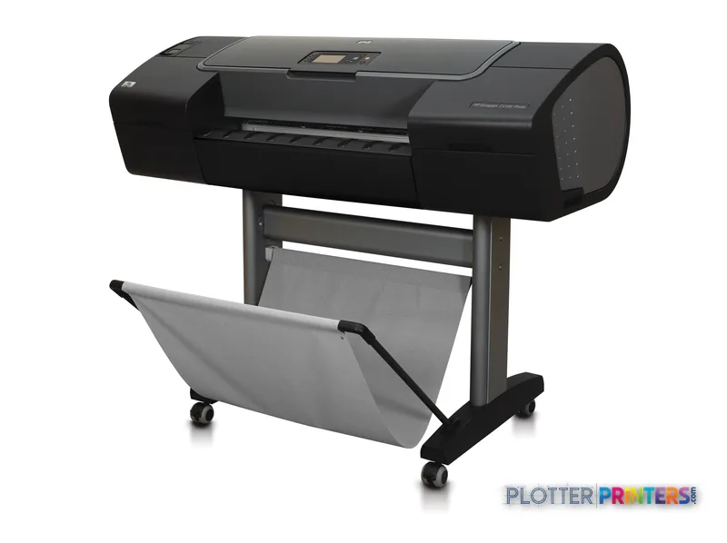 HP Designjet Z2100 24-in Photo Printer large format printer product image showing black printer unit on stand with output tr…