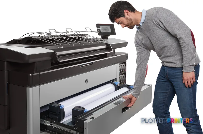 Man removing large-format print from HP PageWide XL 5100 printer lifestyle image