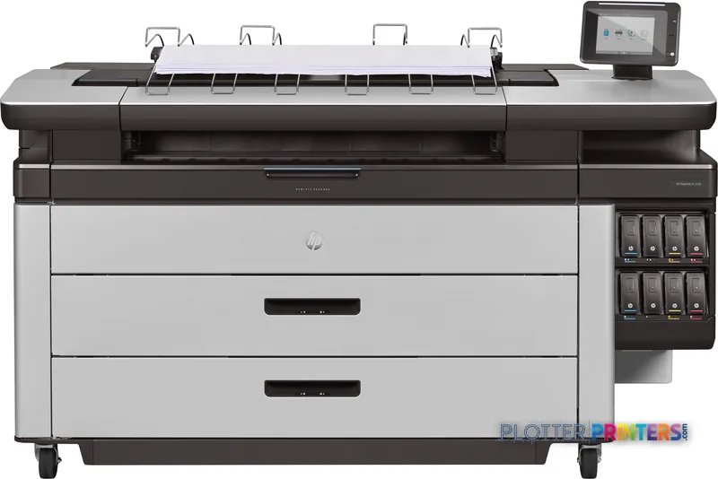 HP PageWide XL 5100 large format printer product image showing front view with black and grey body, paper feed system, and c…