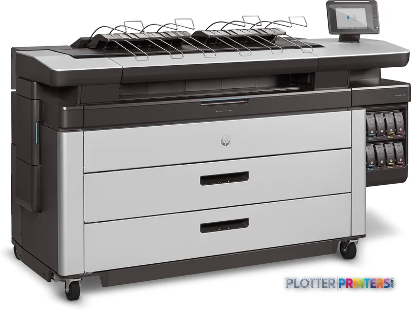 HP PageWide XL 5100 large format printer product image showing black and grey printer with paper trays and control panel