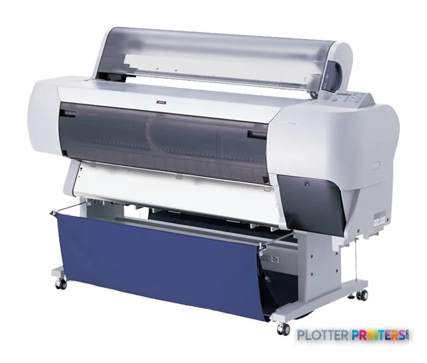 Epson Stylus Pro 10600 large format printer product image showing white and dark gray printer with open top cover and blue c…