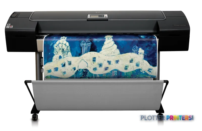 HP Designjet Z3100 44-in Photo Printer front view with colorful architectural print output