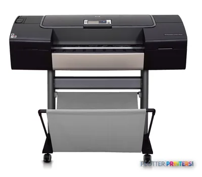 HP Designjet Z3100 24-in Photo Printer front view showing black printer body with paper roll loaded and stand