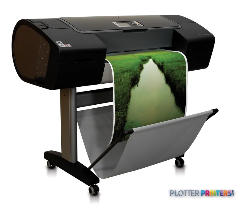 HP Designjet Z3100 24-in Photo Printer product image showing black printer on stand with landscape photo output