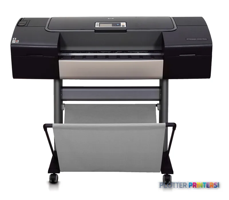 HP Designjet Z3100 24-in Photo Printer front view showing black printer body with paper roll loaded and stand
