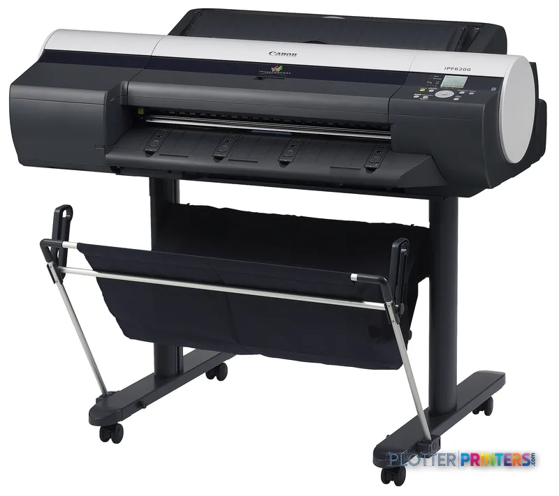 Canon imagePROGRAF iPF6200 large-format printer product image showing the full unit on stand with output tray