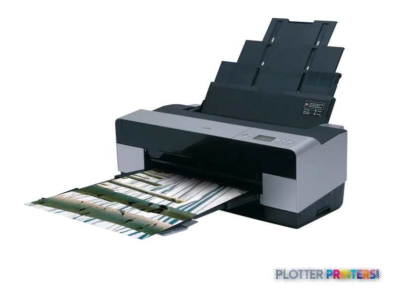 Epson Stylus Pro 3800 product image showing printer with open output tray and sample prints