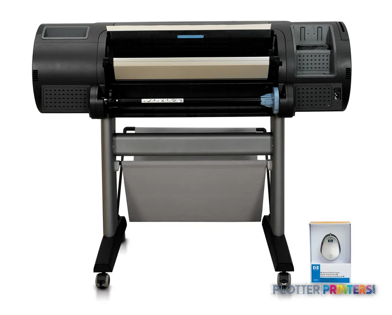 HP DesignJet Z3100 GP 24-in Photo Printer product image showing front view with stand and included profiling solution box