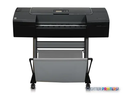HP DesignJet Z2100 24 in photo printer on stand, front view showing black printer body with control panel and gray output tr…