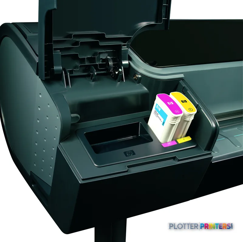 HP DesignJet Z2100 24 in photo printer lifestyle view showing open ink cartridge compartment with magenta, cyan, and yellow…
