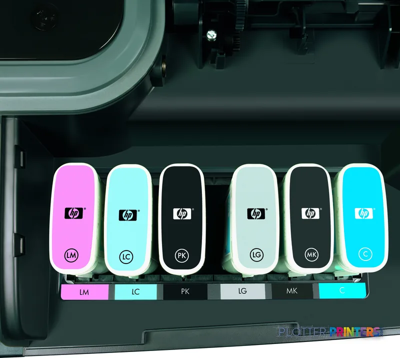 HP DesignJet Z2100 24 in printer lifestyle image showing six color ink cartridges installed in the printer
