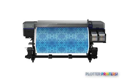 Epson SureColor SC-F9300 product image showing black large-format printer with blue patterned fabric printing