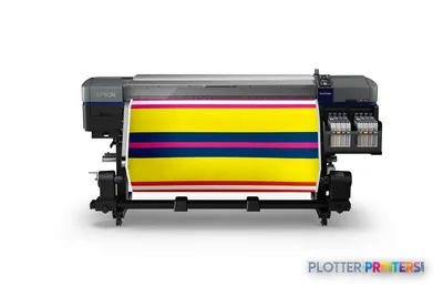 Epson SureColor SC-F9300 product image showing black large-format printer with colorful test print