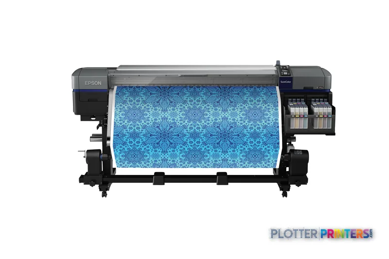 Epson SureColor SC-F9300 product image showing black large-format printer with blue patterned fabric printing