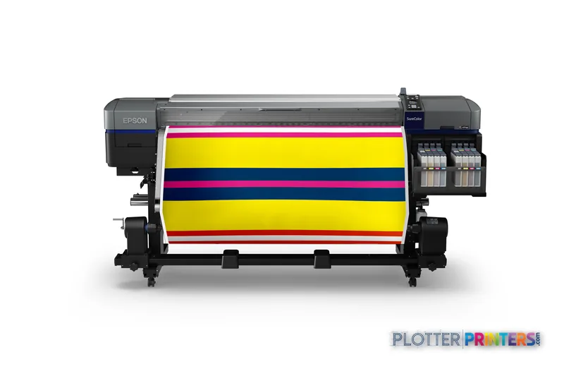 Epson SureColor SC-F9300 product image showing black large-format printer with colorful test print