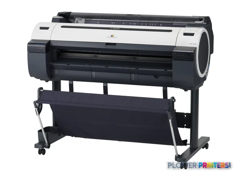 Canon imagePROGRAF iPF750 large-format printer product image showing front view with white and black body on stand