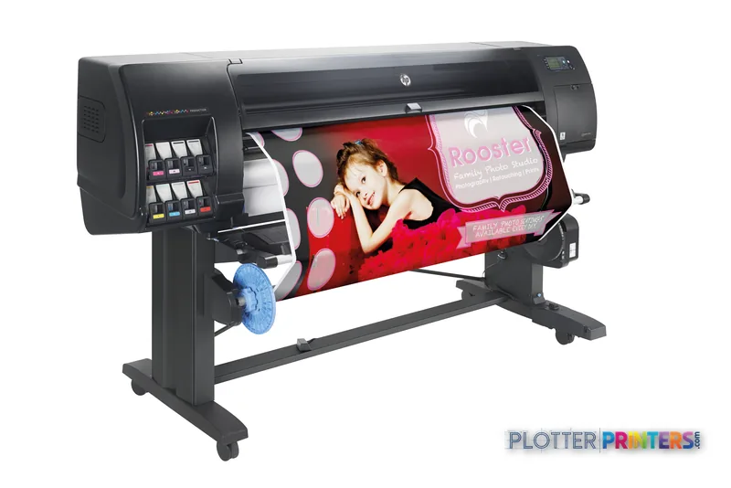 HP DesignJet Z6810 60-in Production Printer front-right view with colorful photo sample printing