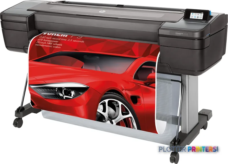 HP DesignJet Z6 44-in PostScript Printer front-left view with red car print output