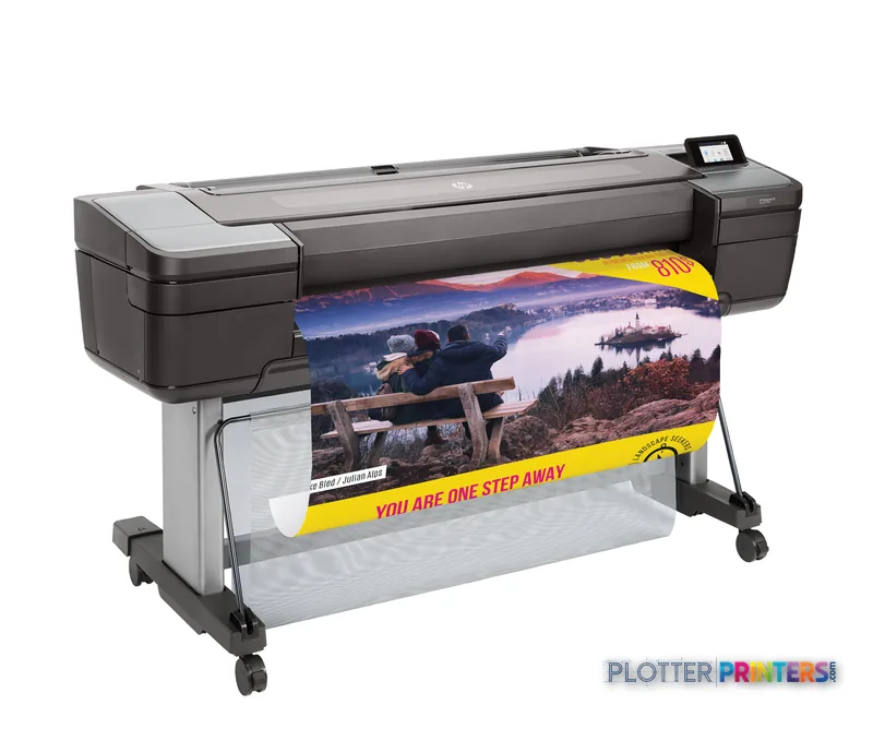 HP DesignJet Z6 44-in PostScript Printer front-right view showing black printer with colorful landscape print output