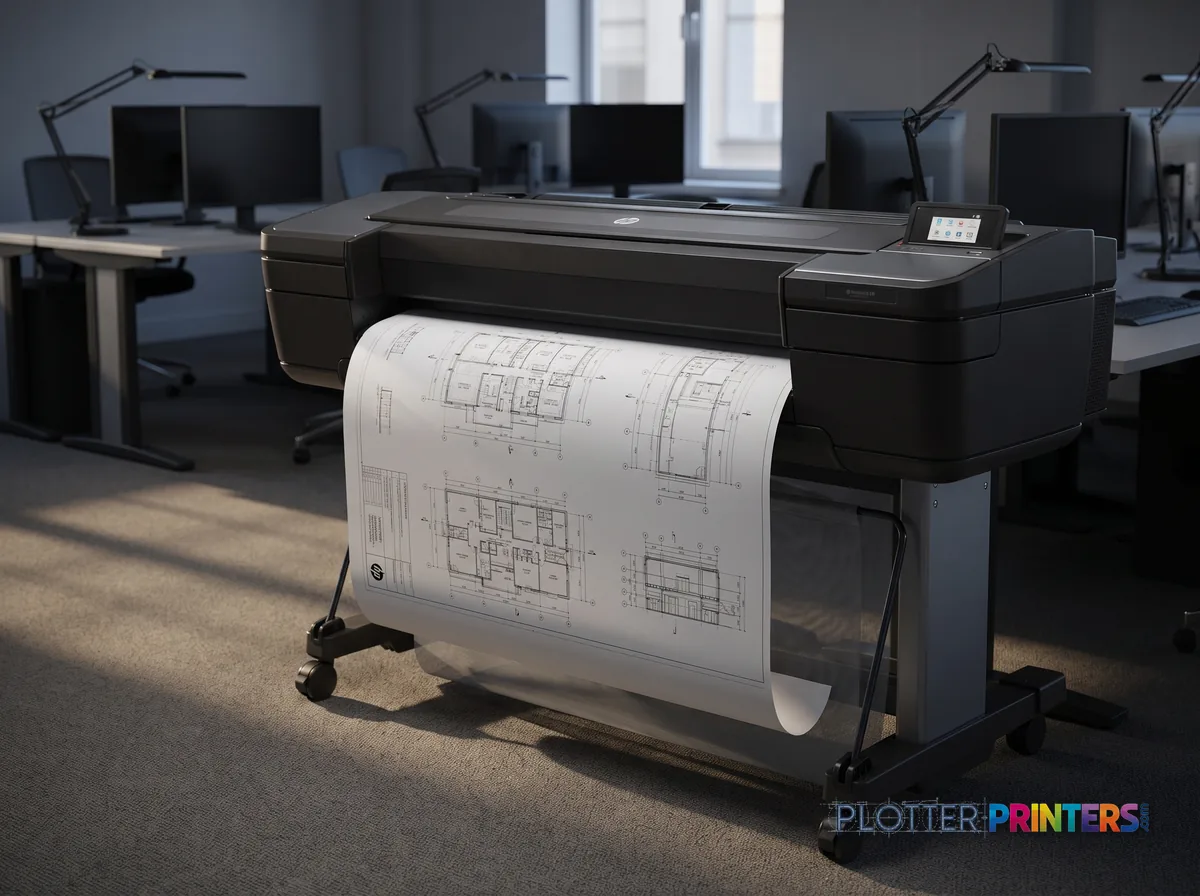 HP DesignJet Z6 44-in PostScript Printer in an engineering office with a technical drawing at its print slot (staged scene from manufacturer product photography)
