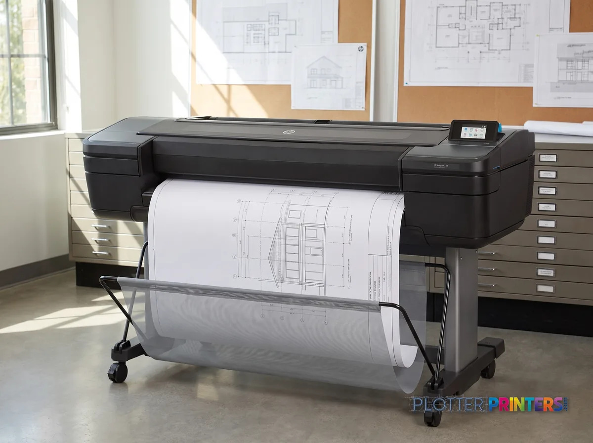 HP DesignJet Z6 44-in PostScript Printer in a plan room beside flat-file drawers, printing a CAD elevation (staged scene from manufacturer product photography)