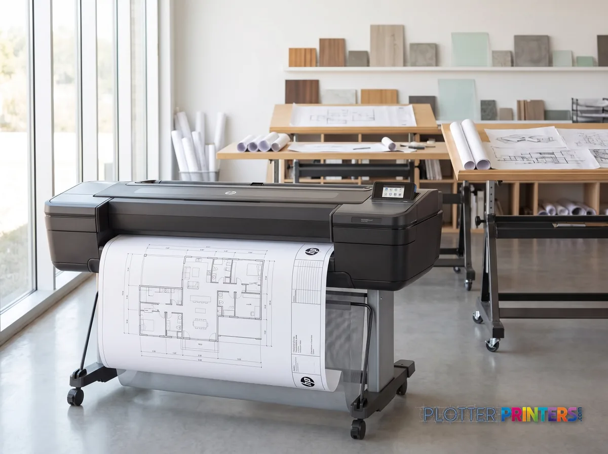 HP DesignJet Z6 44-in PostScript Printer in a bright architecture studio, printing a large floor plan (staged scene from manufacturer product photography)
