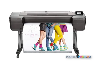 HP DesignJet Z9+ 44-in PostScript Printer front-center view with colorful fashion print output