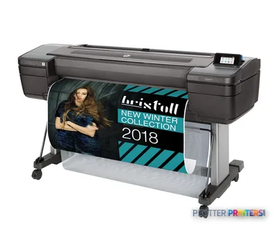 HP DesignJet Z9+ 44-in PostScript Printer front-left view with sample print output