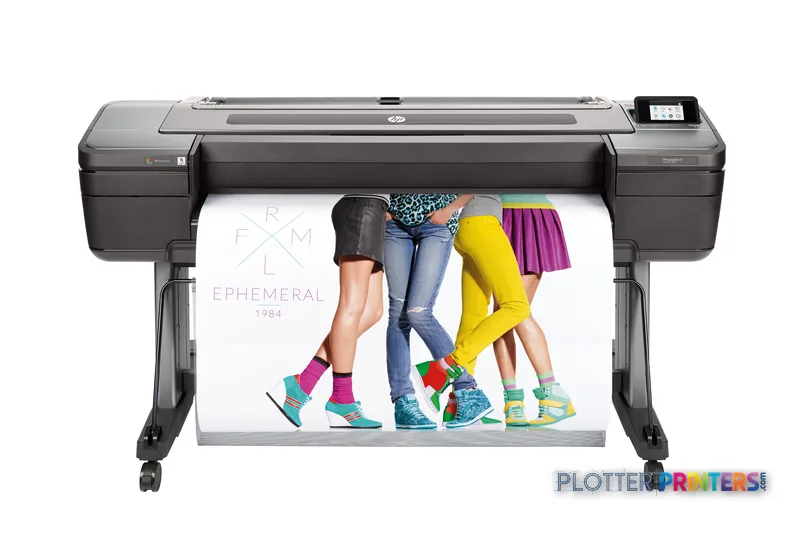 HP DesignJet Z9+ 44-in PostScript Printer front-center view with colorful fashion print output