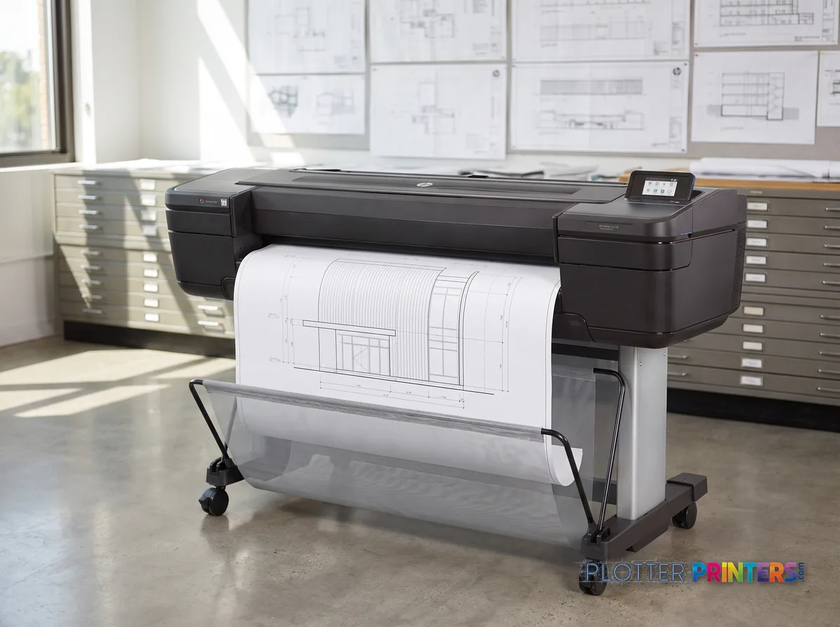 HP DesignJet Z9+ 44-in PostScript Printer in a plan room beside flat-file drawers, printing a CAD elevation (staged scene from manufacturer product photography)