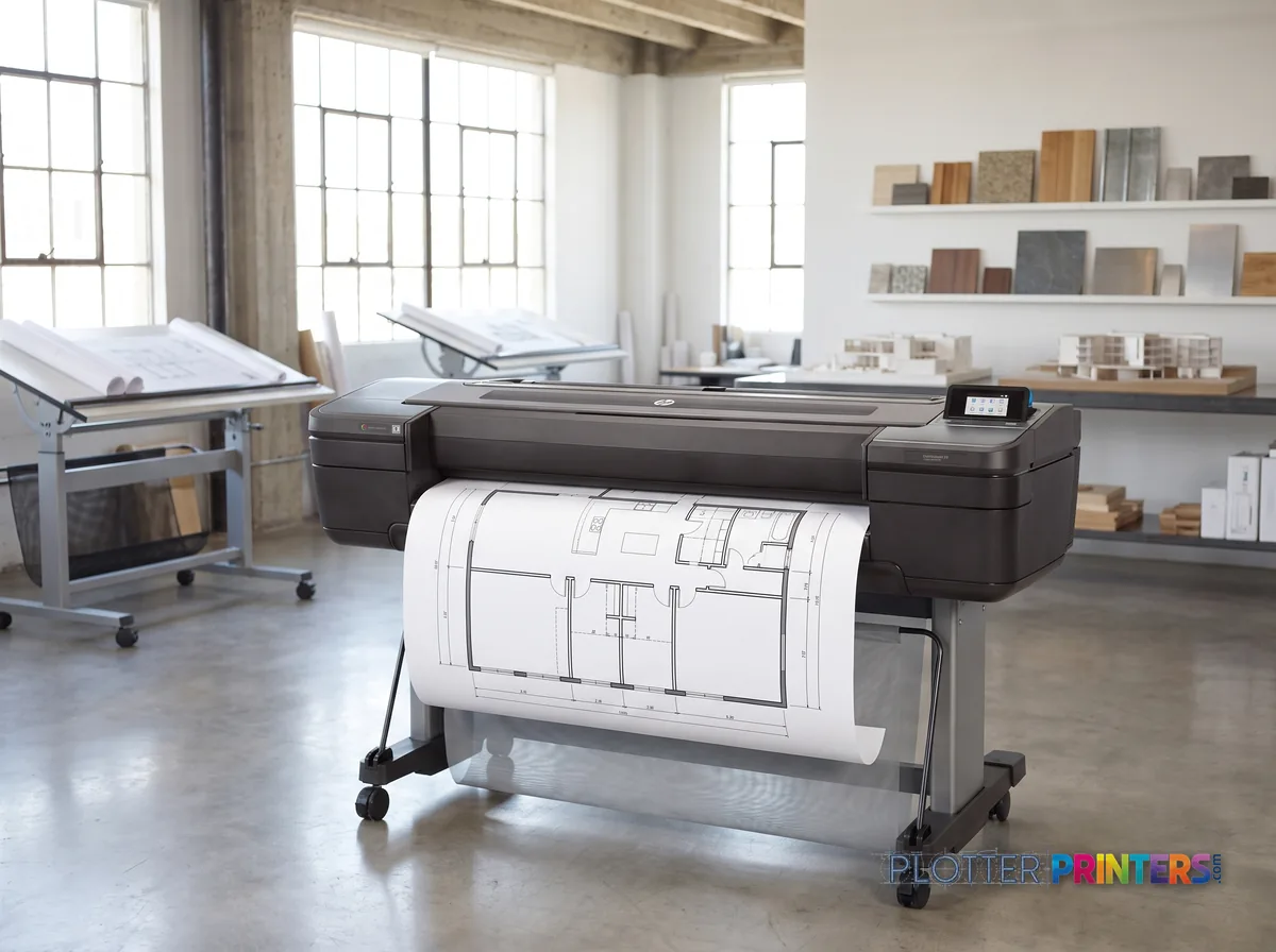 HP DesignJet Z9+ 44-in PostScript Printer in a bright architecture studio, printing a large floor plan (staged scene from manufacturer product photography)