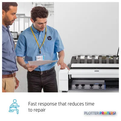 HP DesignJet Z6 24-in PostScript Printer with two technicians reviewing output beside the grey and white printer
