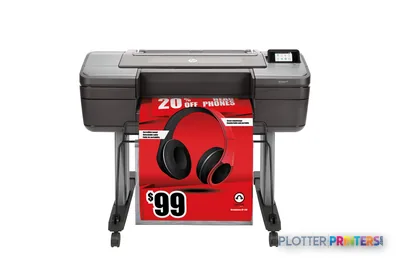 HP DesignJet Z6 24-in PostScript Printer front view showing grey and dark chassis with red promotional poster output