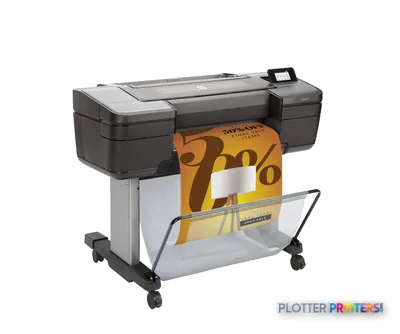 HP DesignJet Z6 24-in PostScript Printer front-right view with grey body and orange printed output