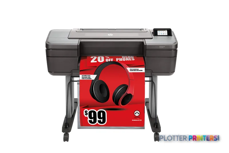 HP DesignJet Z6 24-in PostScript Printer front view showing grey and dark chassis with red promotional poster output