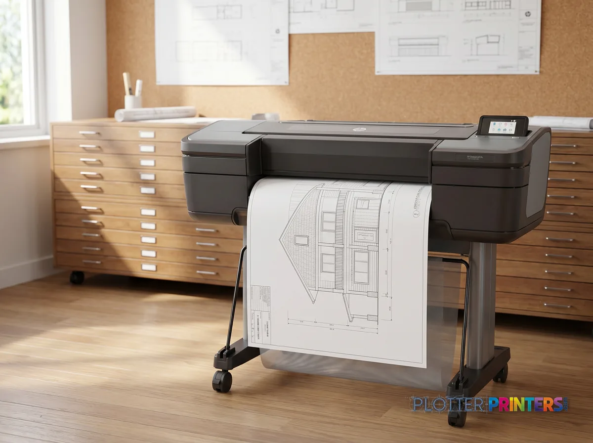 HP DesignJet Z6 24-in PostScript Printer in a plan room beside flat-file drawers, printing a CAD elevation (staged scene from manufacturer product photography)