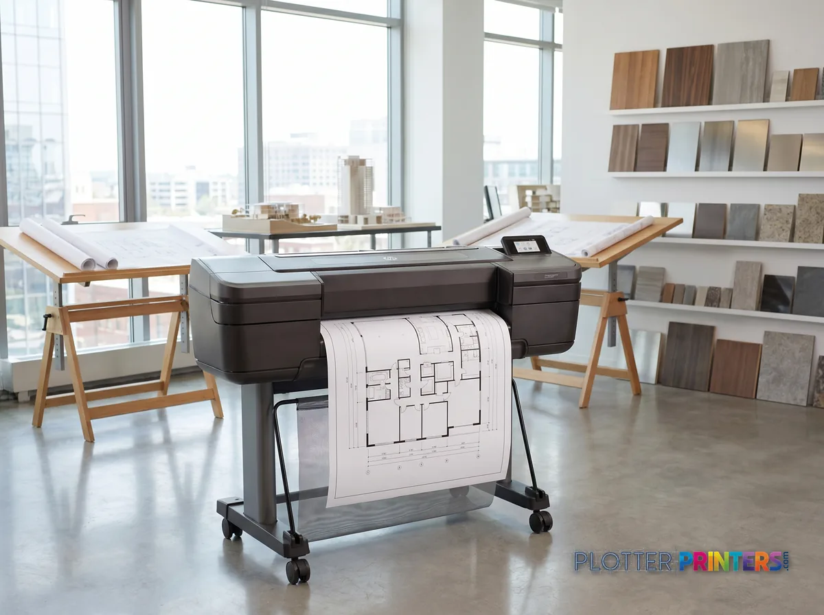 HP DesignJet Z6 24-in PostScript Printer in a bright architecture studio, printing a large floor plan (staged scene from manufacturer product photography)