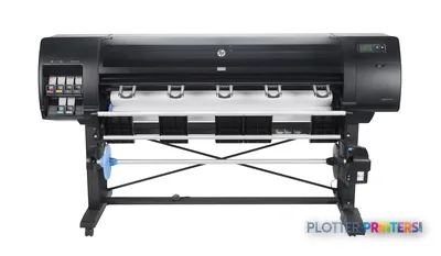 HP DesignJet Z6610 60-in Production Printer side view showing black printer with ink cartridges and media stand