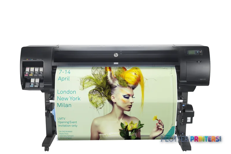 HP DesignJet Z6610 60-in Production Printer front view with colorful event poster displayed