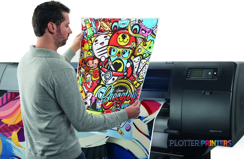 Man holding a colorful printed artwork next to the HP DesignJet Z6610 60-in Production Printer in lifestyle setting