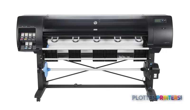HP DesignJet Z6610 60-in Production Printer side view showing black printer with ink cartridges and media stand