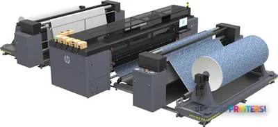 HP Latex 3800 Jumbo large-format printer product image showing black printer with blue patterned media roll loaded